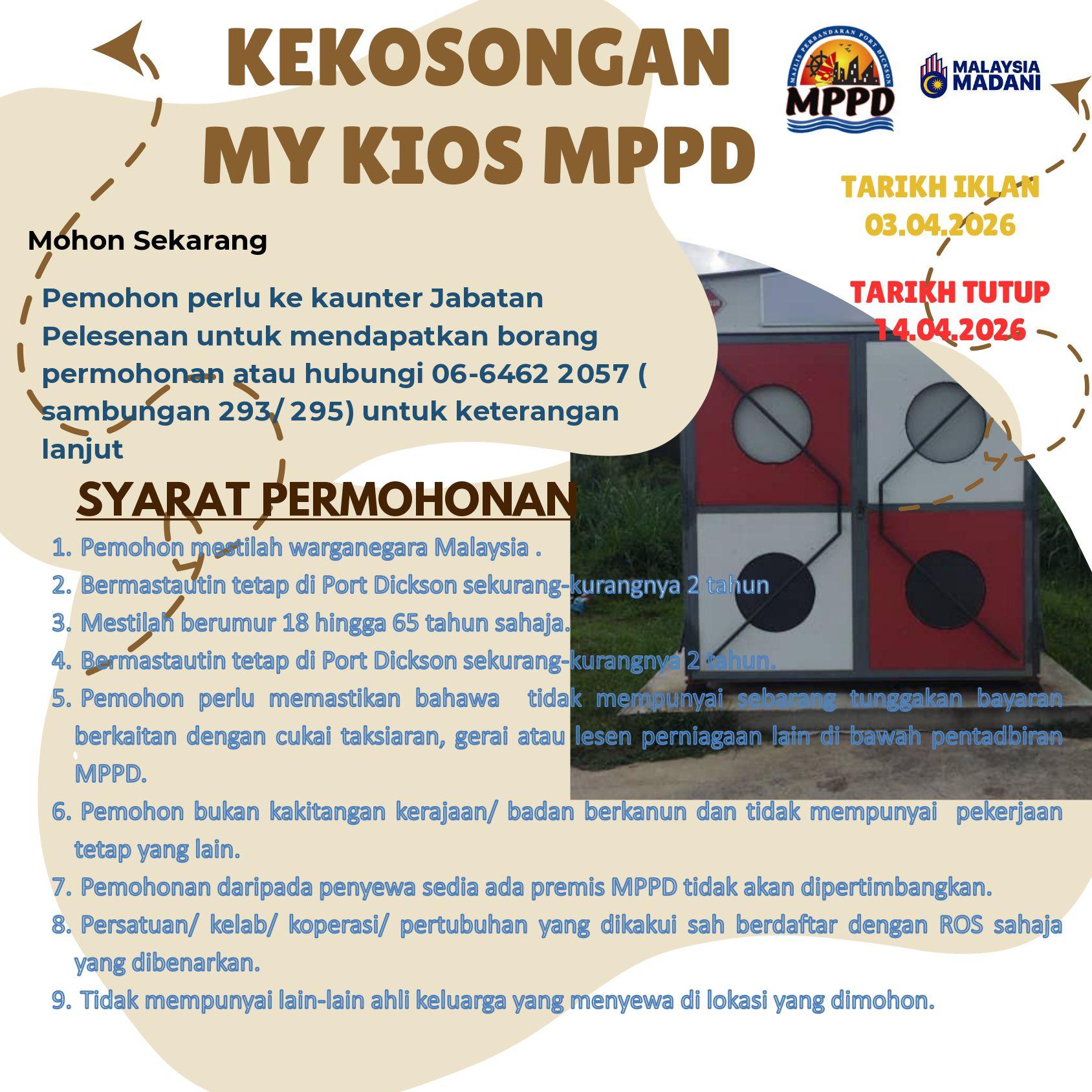 PERMOHONAN DIBUKA SEKARANG Tarikh tutup permohonan pada 14 April 2026. Pemohon perlu ke kaunter Jabatan Pelesenan untuk mendapatkan borang permohonan atau hubungi 06-6462 2057 ( sambungan 293/ 295) untuk keterangan lanjut. Terima kasih.