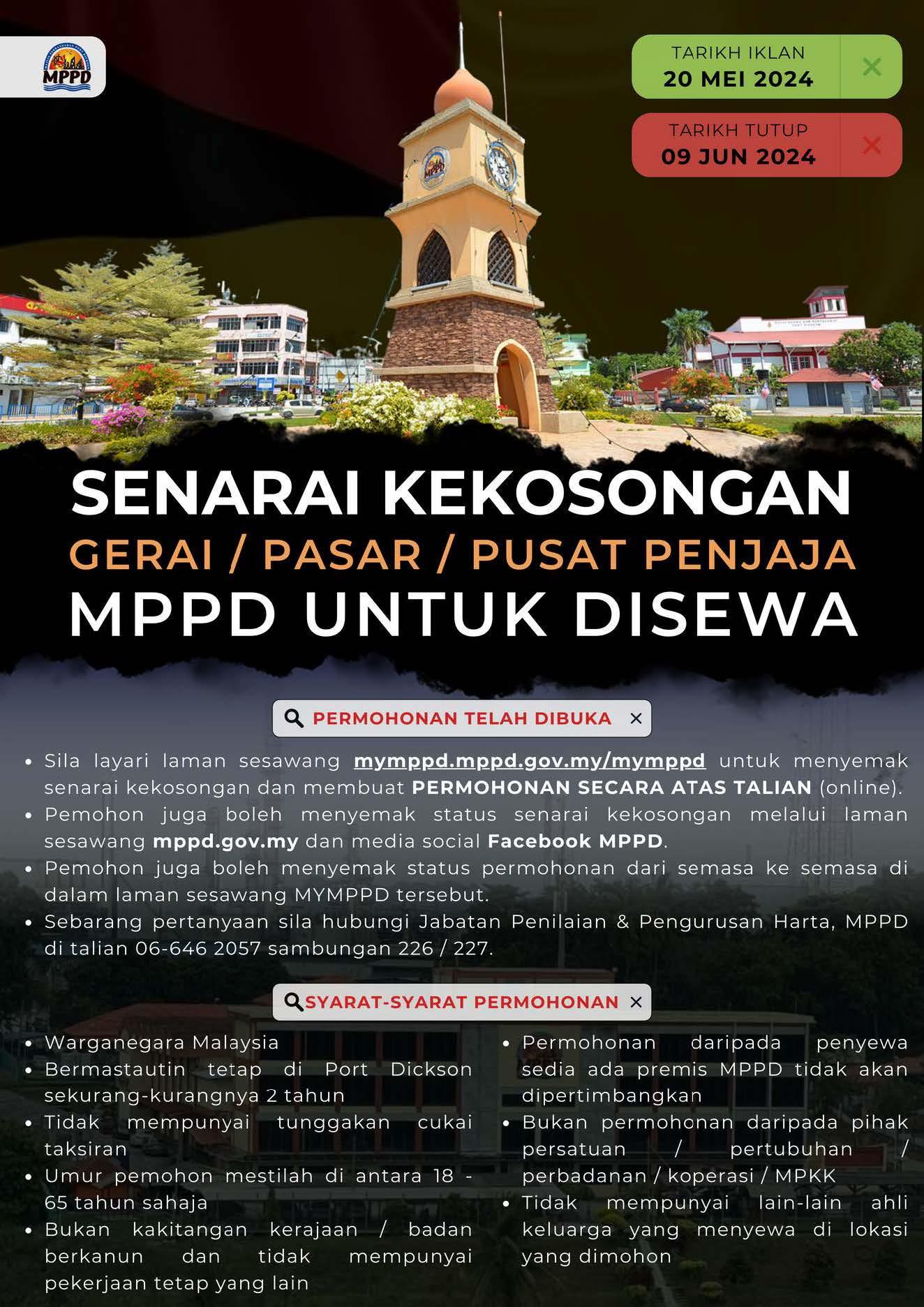 SENARAI KEKOSONGAN GERAI, MEDAN SELERA DAN PASAR AWAM  MILIK MPPD UNTUK DISEWA - 9 JUN 2024