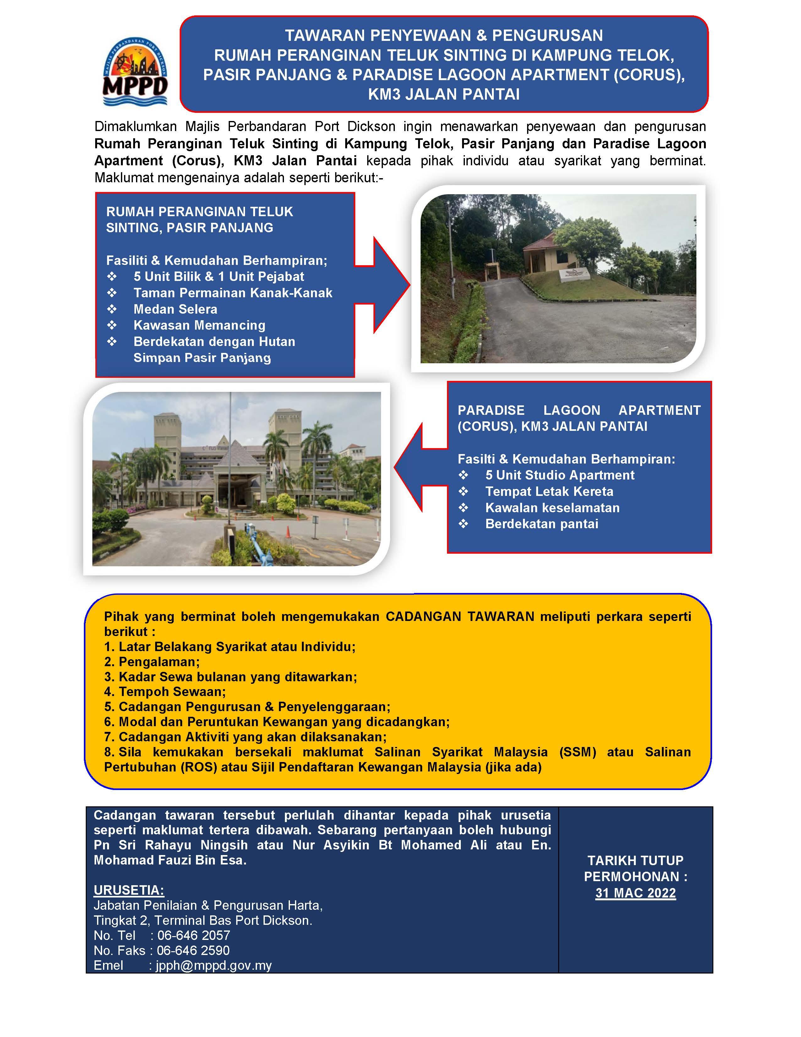 TAWARAN PENYEWAAN & PENGURUSAN RUMAH PERANGINAN TELUK SINTING DI KAMPUNG TELOK, PASIR PANJANG & PARADISE LAGOON APARTMENT (CORUS), KM3 JALAN PANTAI