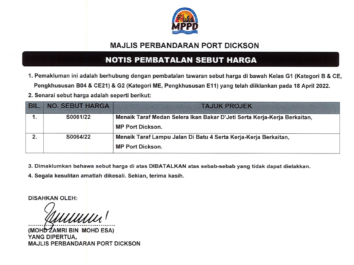 NOTIS PEMBATALAN SEBUTHARGA S0016/22 DAN S0064/22