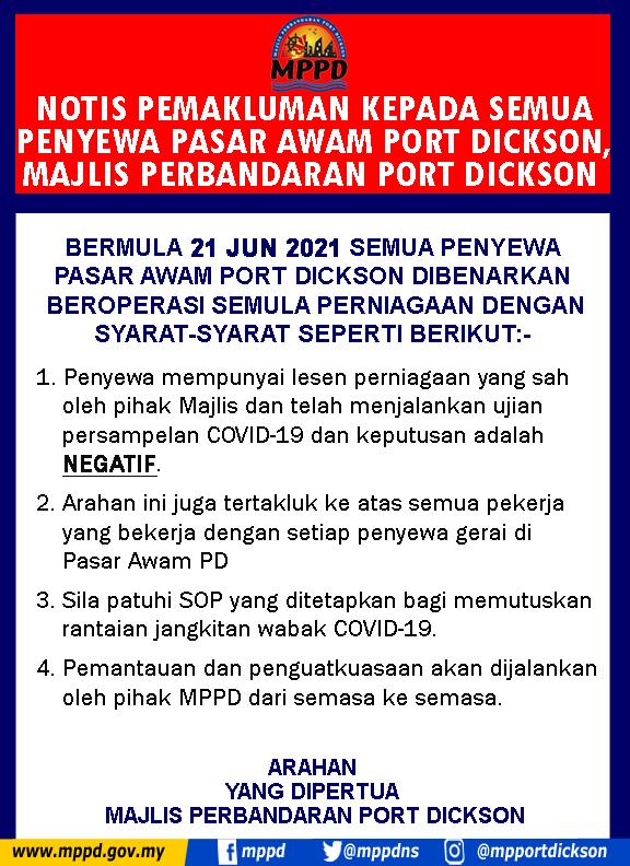 NOTIS PEMAKLUMAN KEPADA SEMUA PENYEWA PASAR AWAM PORT DICKSON, MPPD