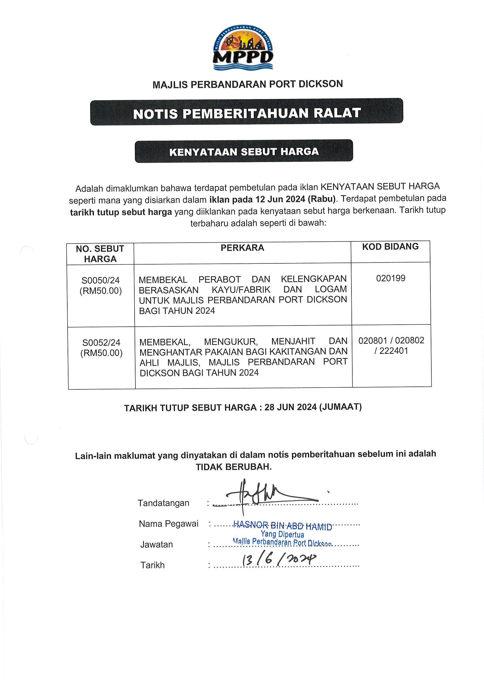 NOTIS PEMBERITAHUAN RALAT S0050/24 dan S0052/24